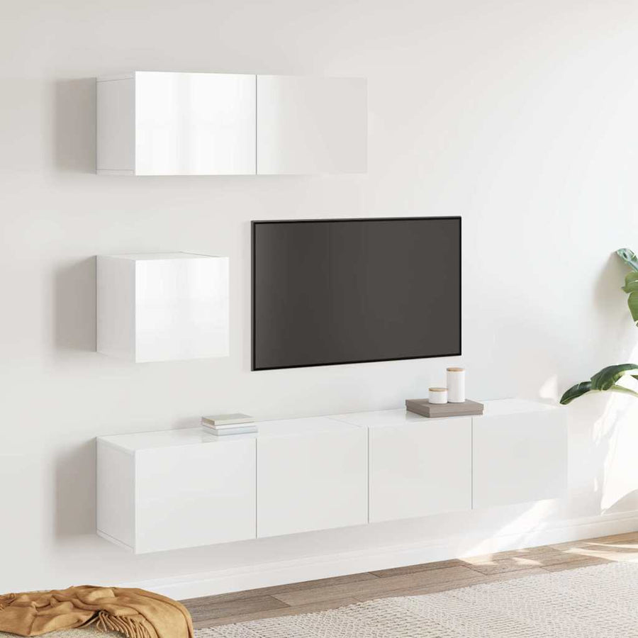 4 Piece TV Cabinet Set High Gloss White Engineered Wood