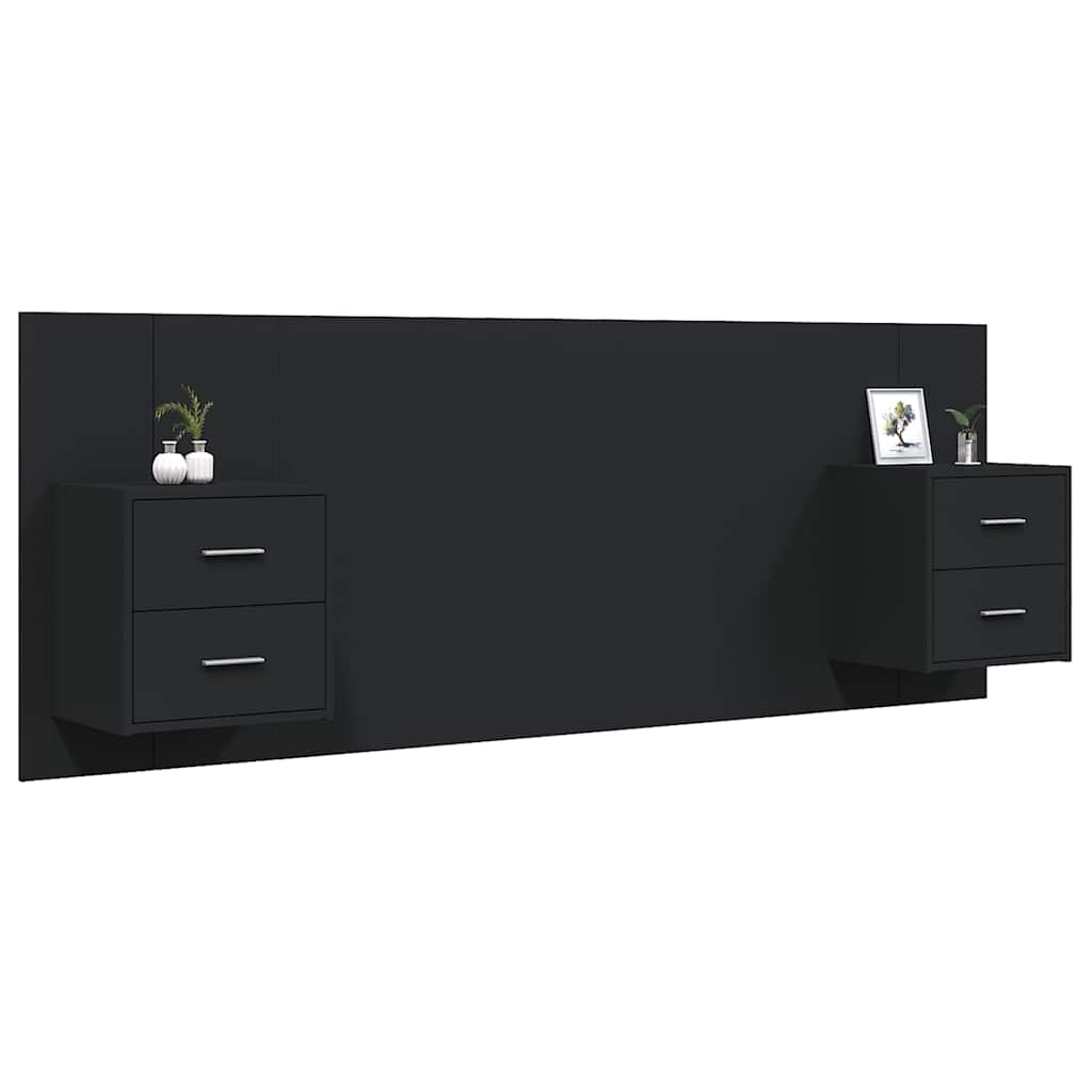 Bed Headboard with Cabinets Black Engineered Wood