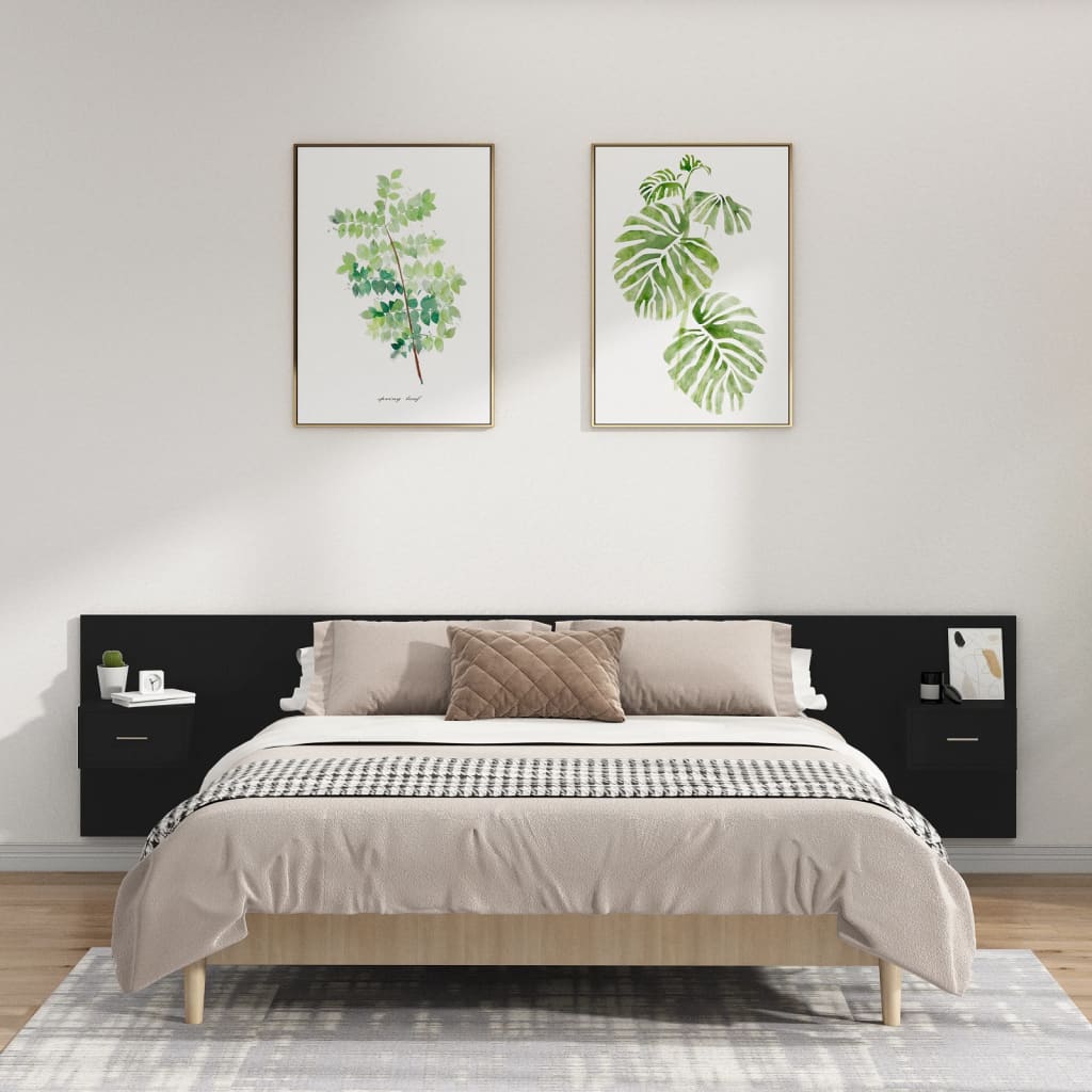 Bed Headboard with Cabinets Black Engineered Wood