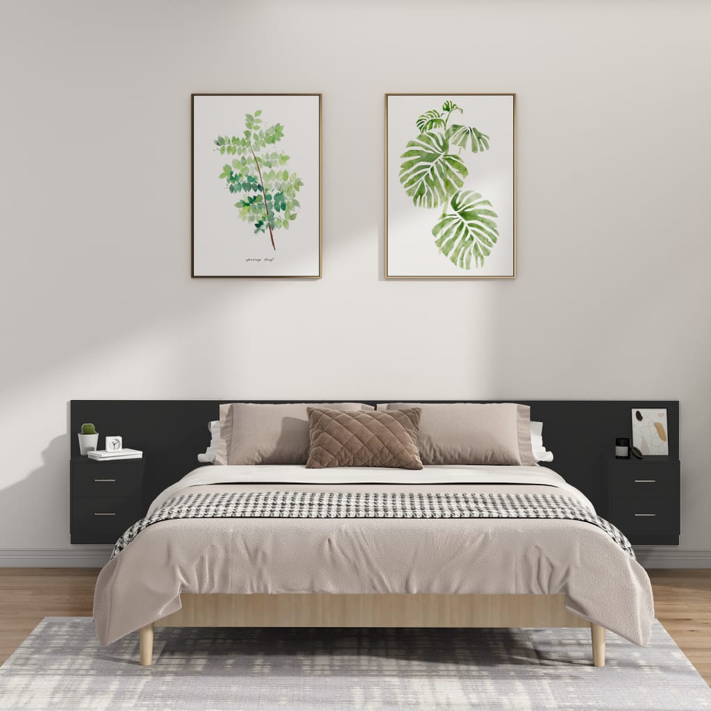 Bed Headboard with Cabinets Black Engineered Wood
