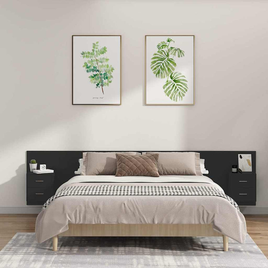 Bed Headboard with Cabinets Black Engineered Wood
