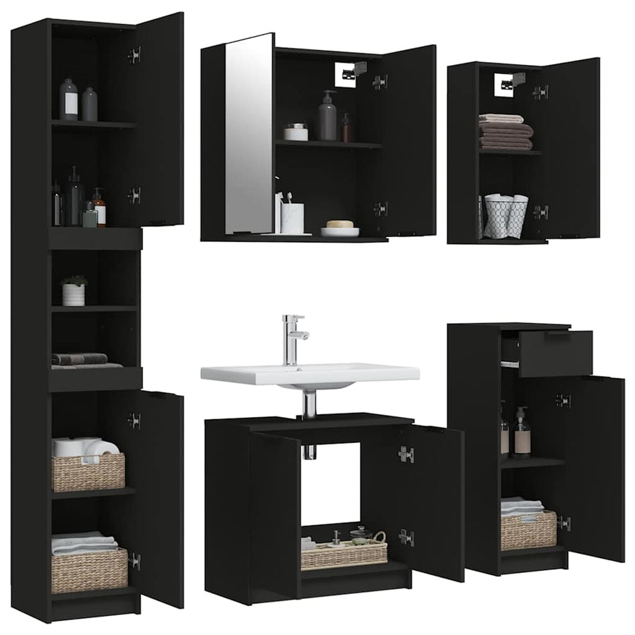 5 Piece Bathroom Cabinet Set Black Engineered Wood
