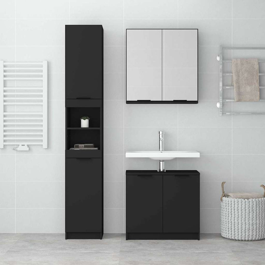 3 Piece Bathroom Cabinet Set Black Engineered Wood