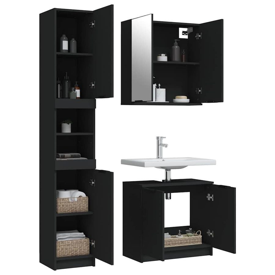3 Piece Bathroom Cabinet Set Black Engineered Wood