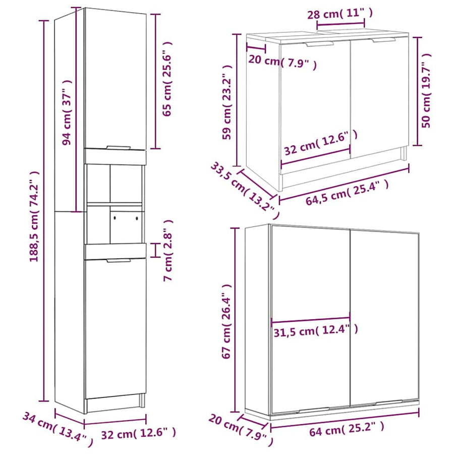 3 Piece Bathroom Cabinet Set Black Engineered Wood