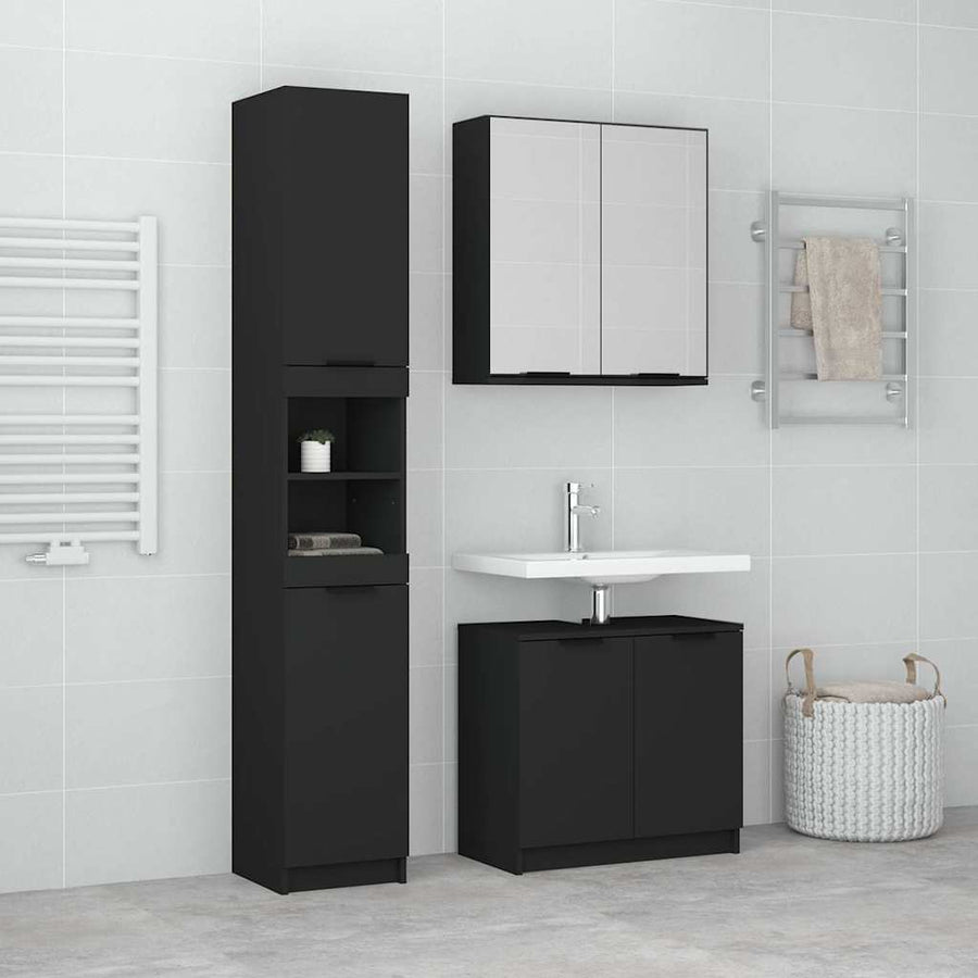 3 Piece Bathroom Cabinet Set Black Engineered Wood