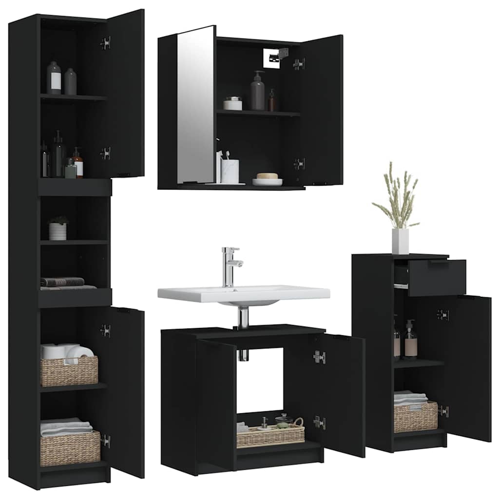 4 Piece Bathroom Cabinet Set Black Engineered Wood