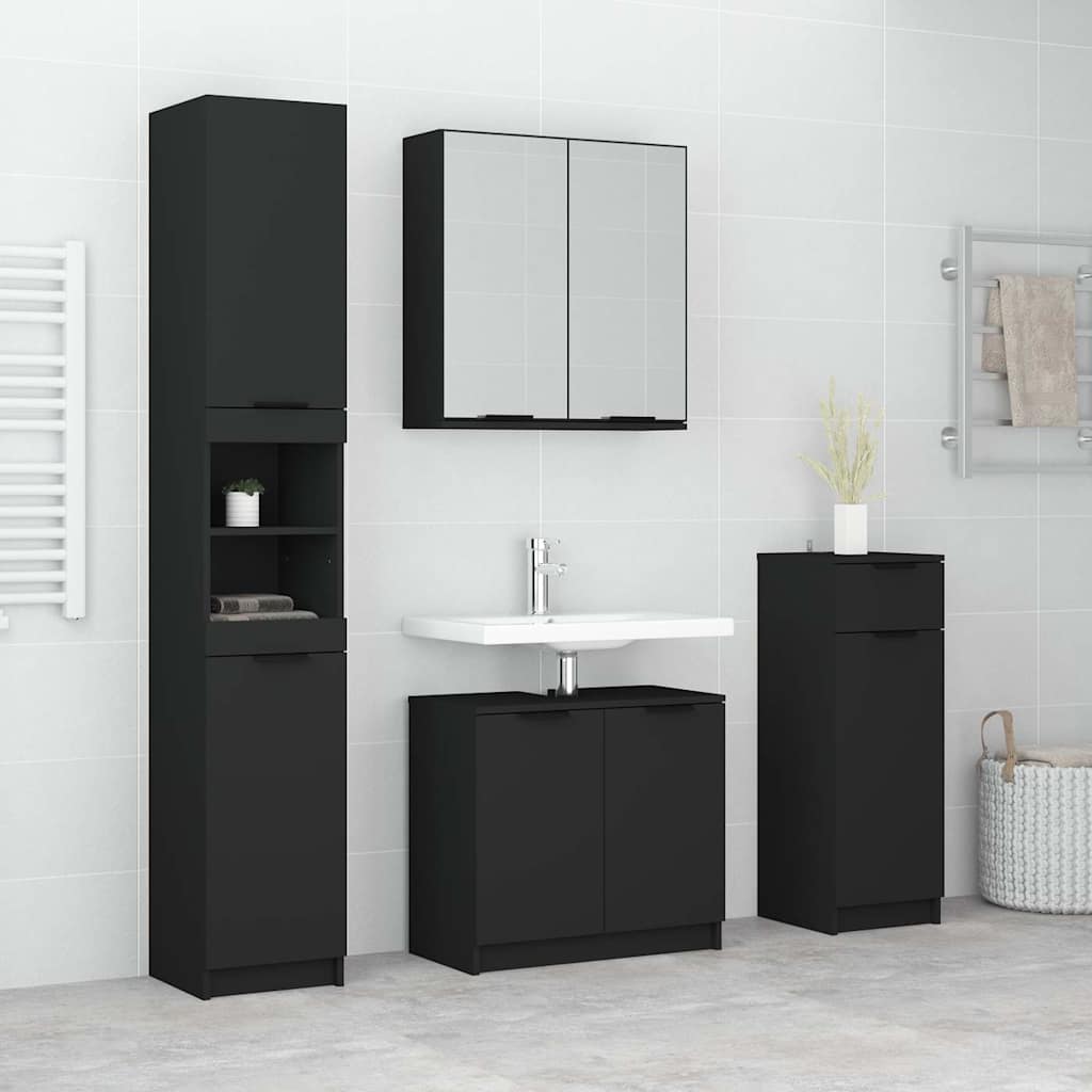 4 Piece Bathroom Cabinet Set Black Engineered Wood