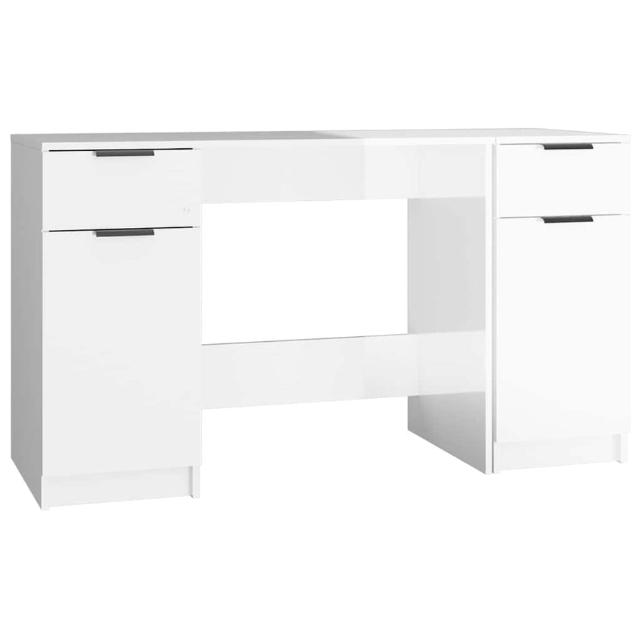 Desk with Side Cabinet High Gloss White Engineered Wood