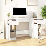 Desk with Side Cabinet High Gloss White Engineered Wood