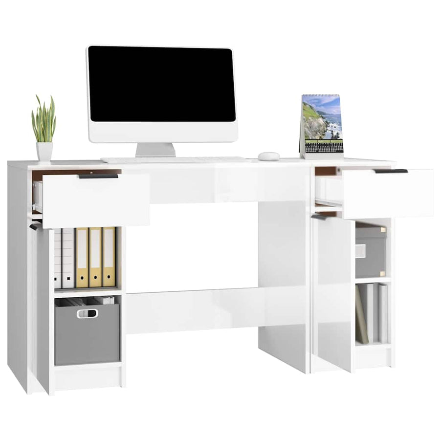 Desk with Side Cabinet High Gloss White Engineered Wood