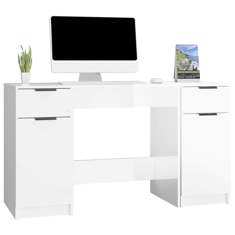 Desk with Side Cabinet High Gloss White Engineered Wood