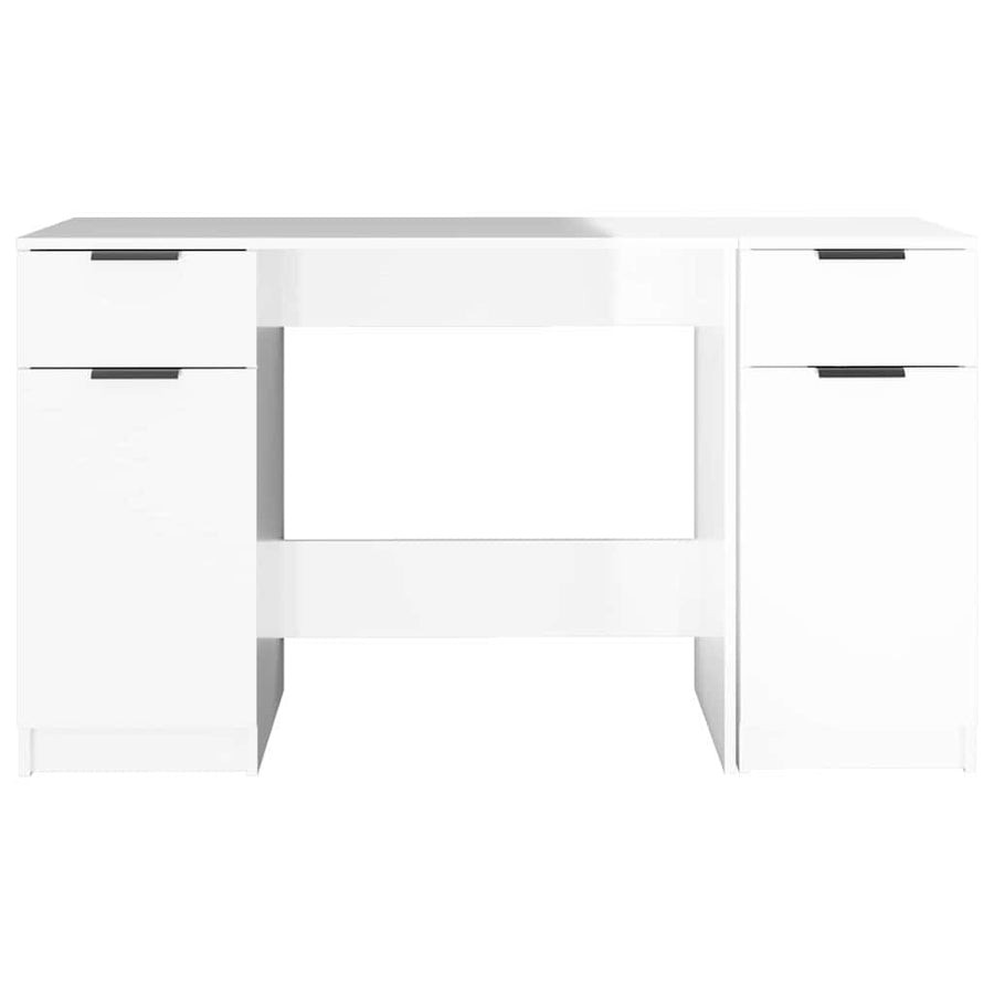 Desk with Side Cabinet High Gloss White Engineered Wood