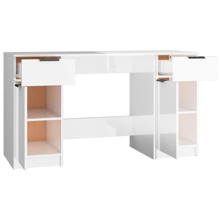 Desk with Side Cabinet High Gloss White Engineered Wood