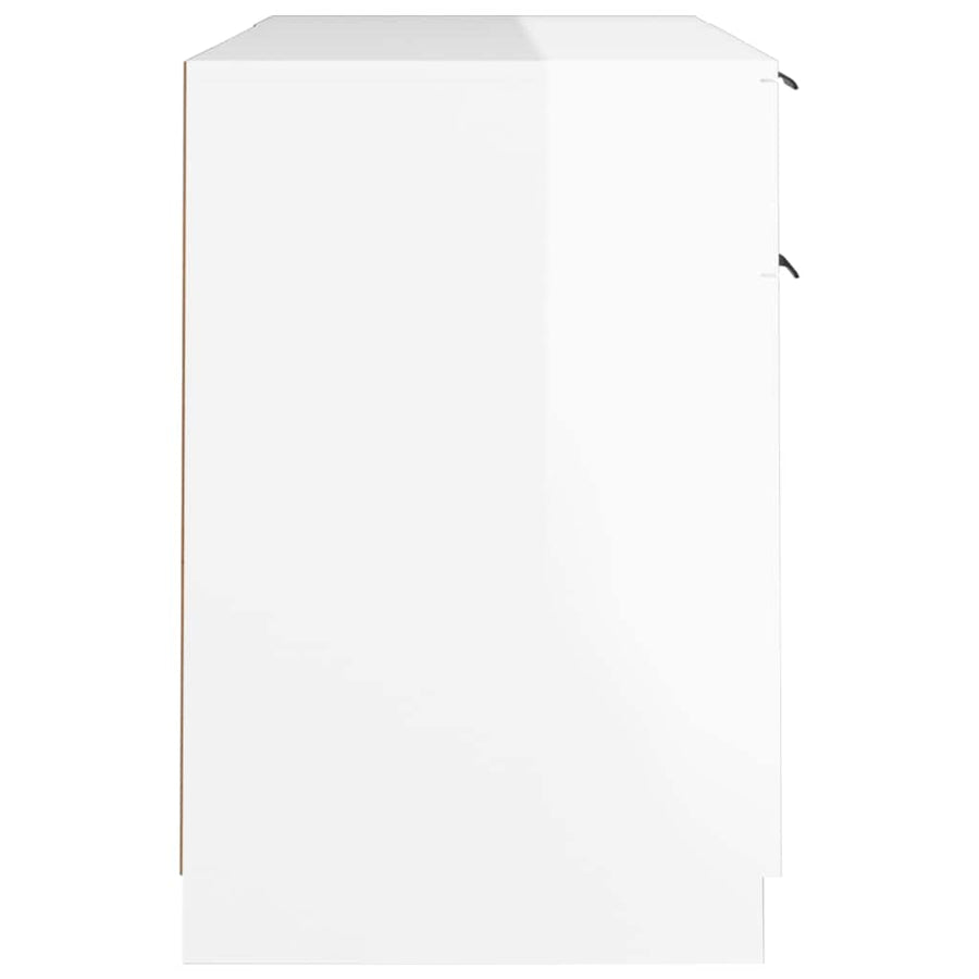 Desk with Side Cabinet High Gloss White Engineered Wood