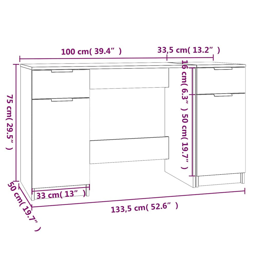 Desk with Side Cabinet High Gloss White Engineered Wood