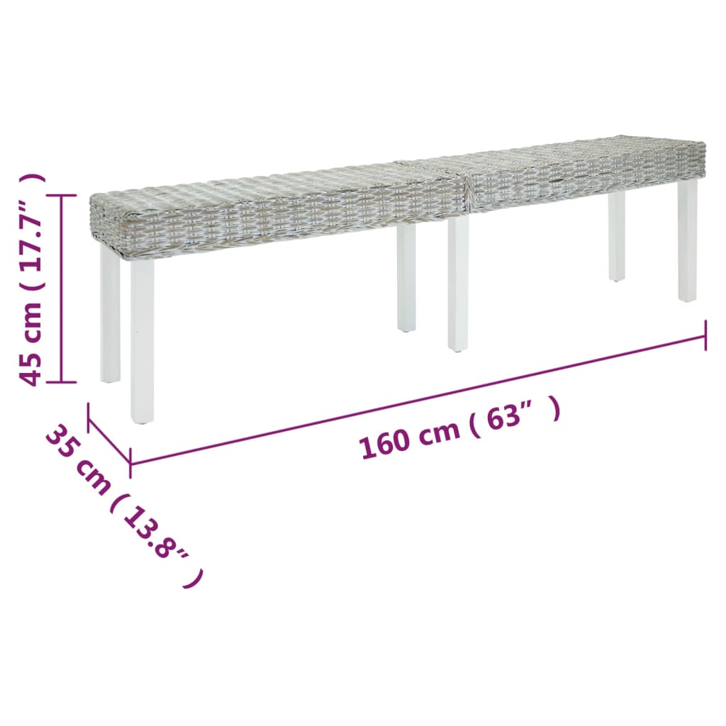 Bench White 160x35x45 cm Natural Kubu Rattan & Solid Wood Mahogany