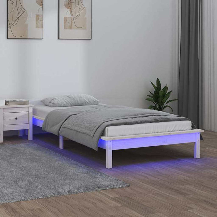 LED Bed Frame without Mattress White 90x190cm Single Solid Wood