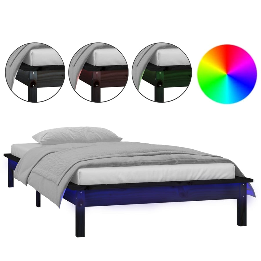 LED Bed Frame without Mattress Black 90x190cm Single Solid Wood