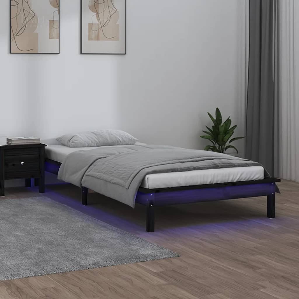 LED Bed Frame without Mattress Black 90x190 cm Solid Wood