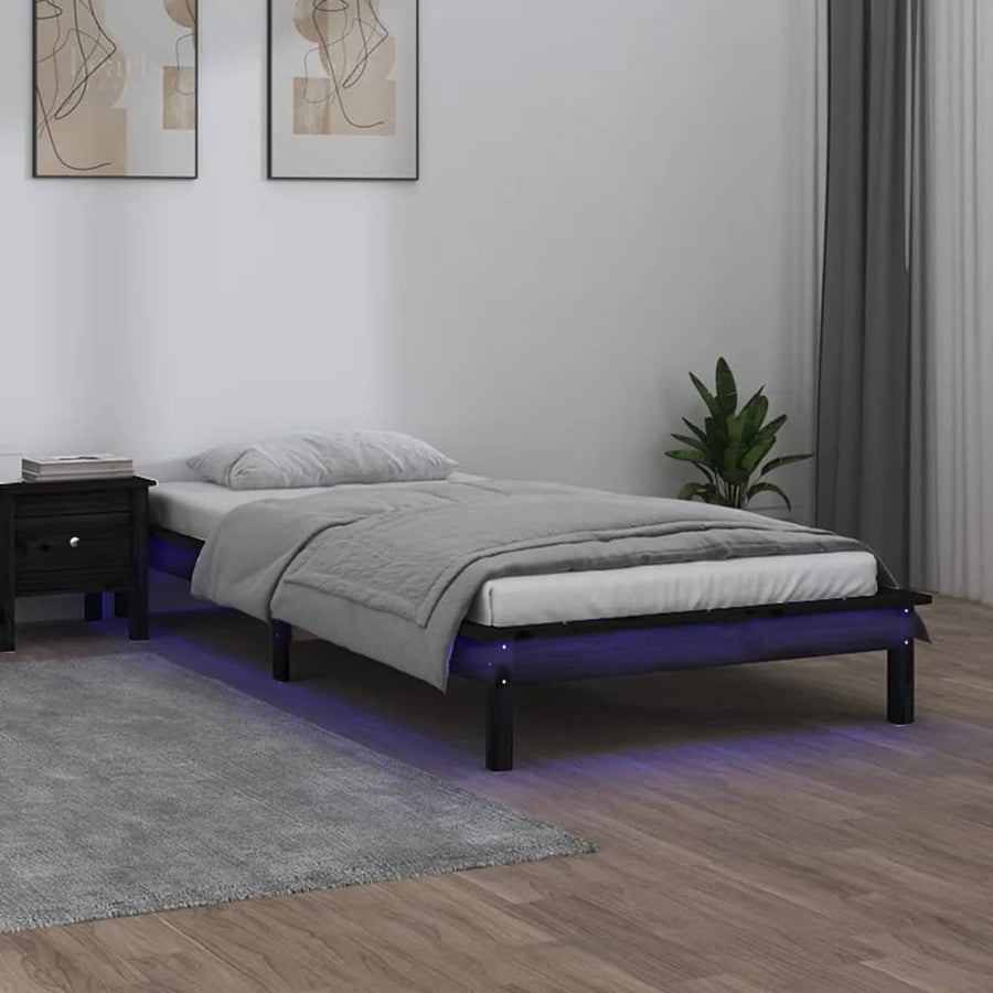 LED Bed Frame without Mattress Black 90x190cm Single Solid Wood