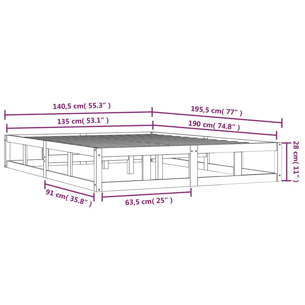 Bed Frame without Mattress 135x190 cm Solid Wood