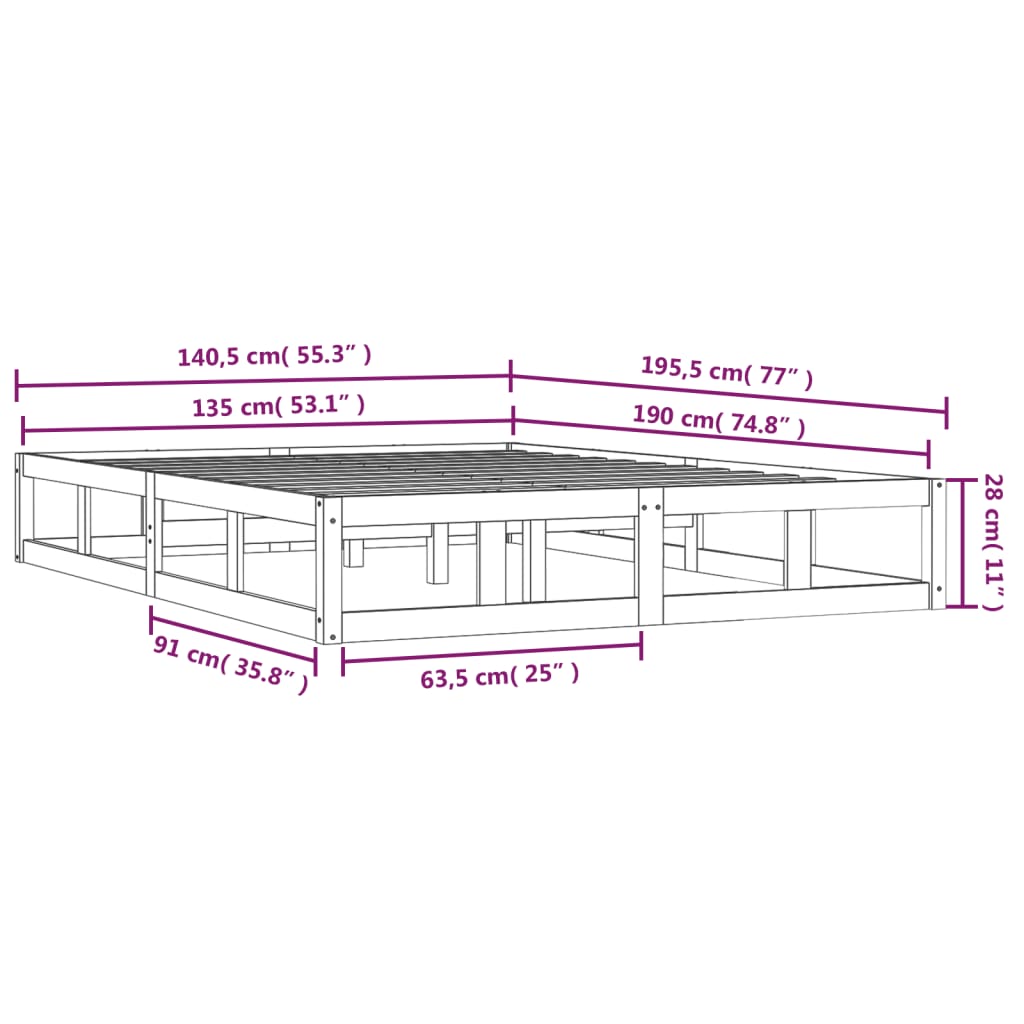 Bed Frame without Mattress White 135x190 cm Solid Wood