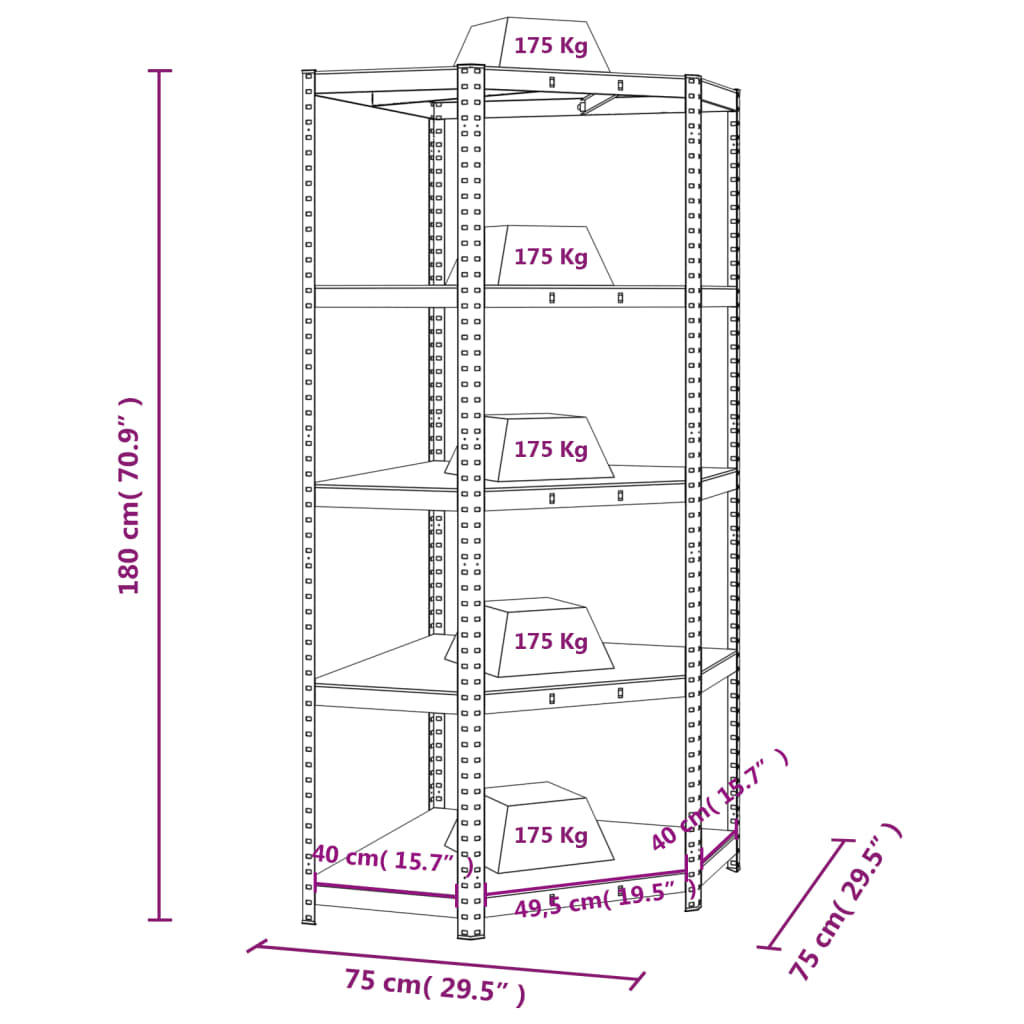 5-Layer Corner Shelf Anthracite Steel and Engineered Wood