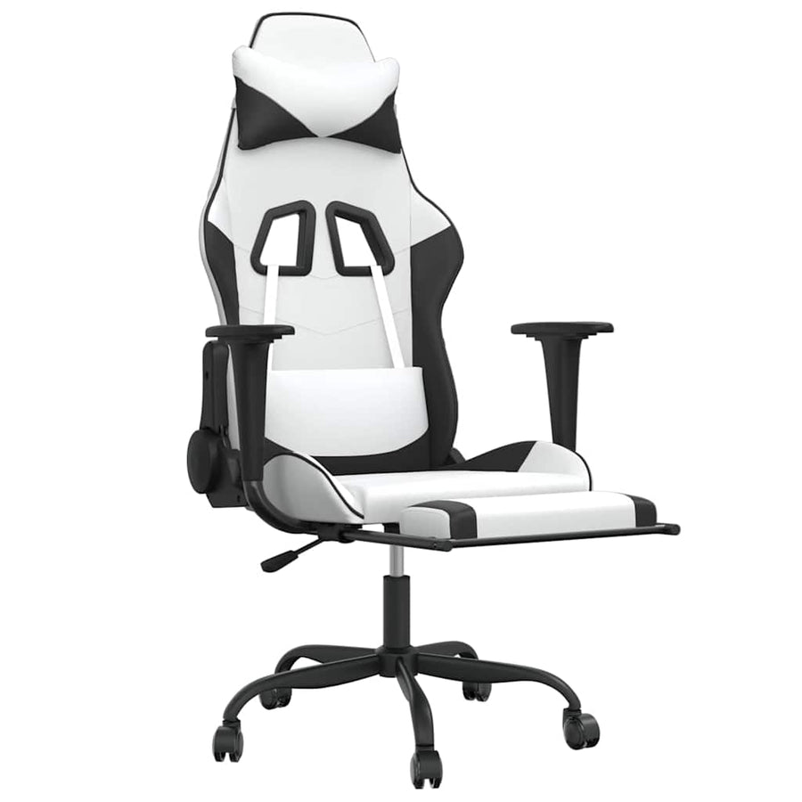 Massage Gaming Chair with Footrest White&Black Faux Leather