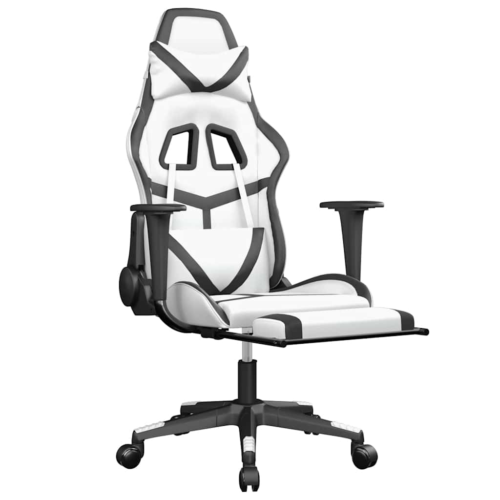 Massage Gaming Chair with Footrest White&Black Faux Leather
