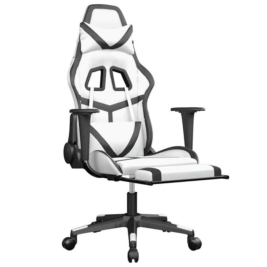 Massage Gaming Chair with Footrest White&Black Faux Leather