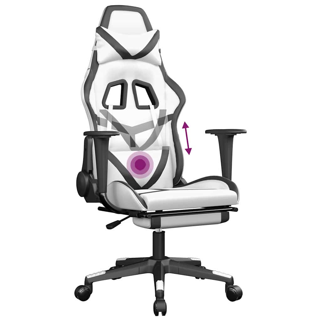Massage Gaming Chair with Footrest White&Black Faux Leather
