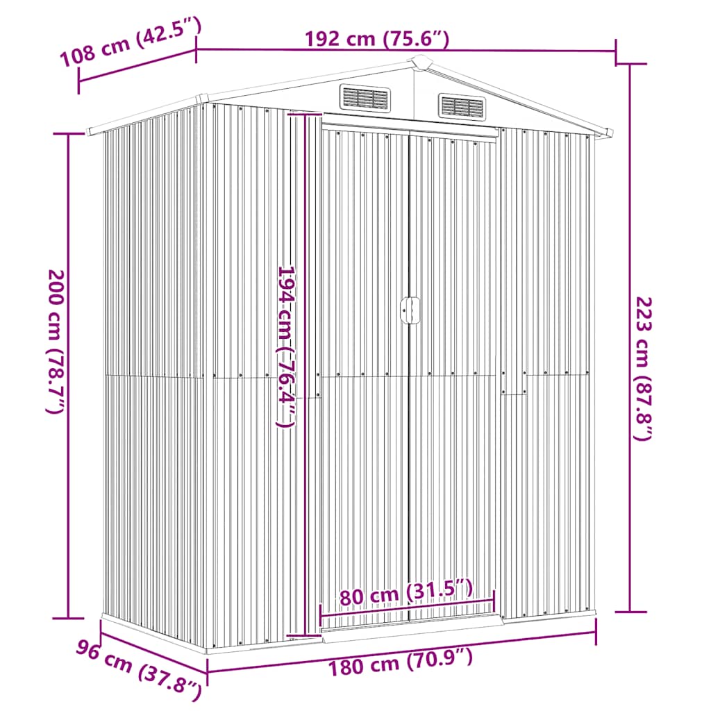 Garden Shed Light Grey 192x108x223 cm Galvanised Steel