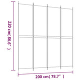 4-Panel Room Divider White 200x220 cm Fabric