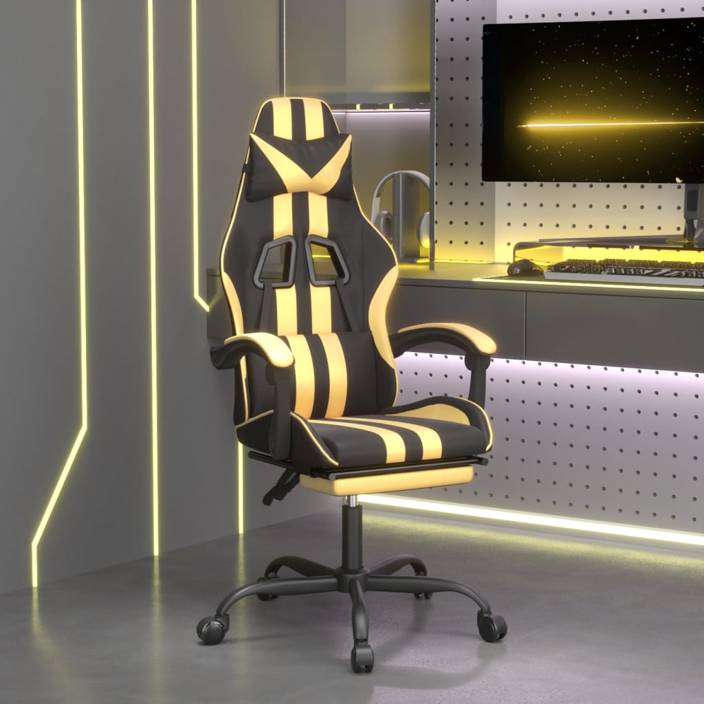 Swivel Gaming Chair with Footrest Black&Gold Faux Leather