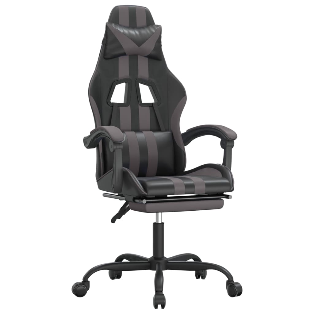 Swivel Gaming Chair with Footrest Black&Grey Faux Leather