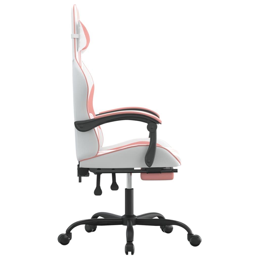 Swivel Gaming Chair with Footrest White&Pink Faux Leather