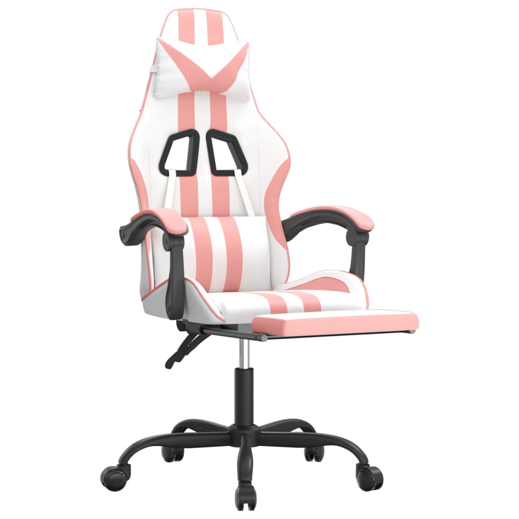 Swivel Gaming Chair with Footrest White&Pink Faux Leather