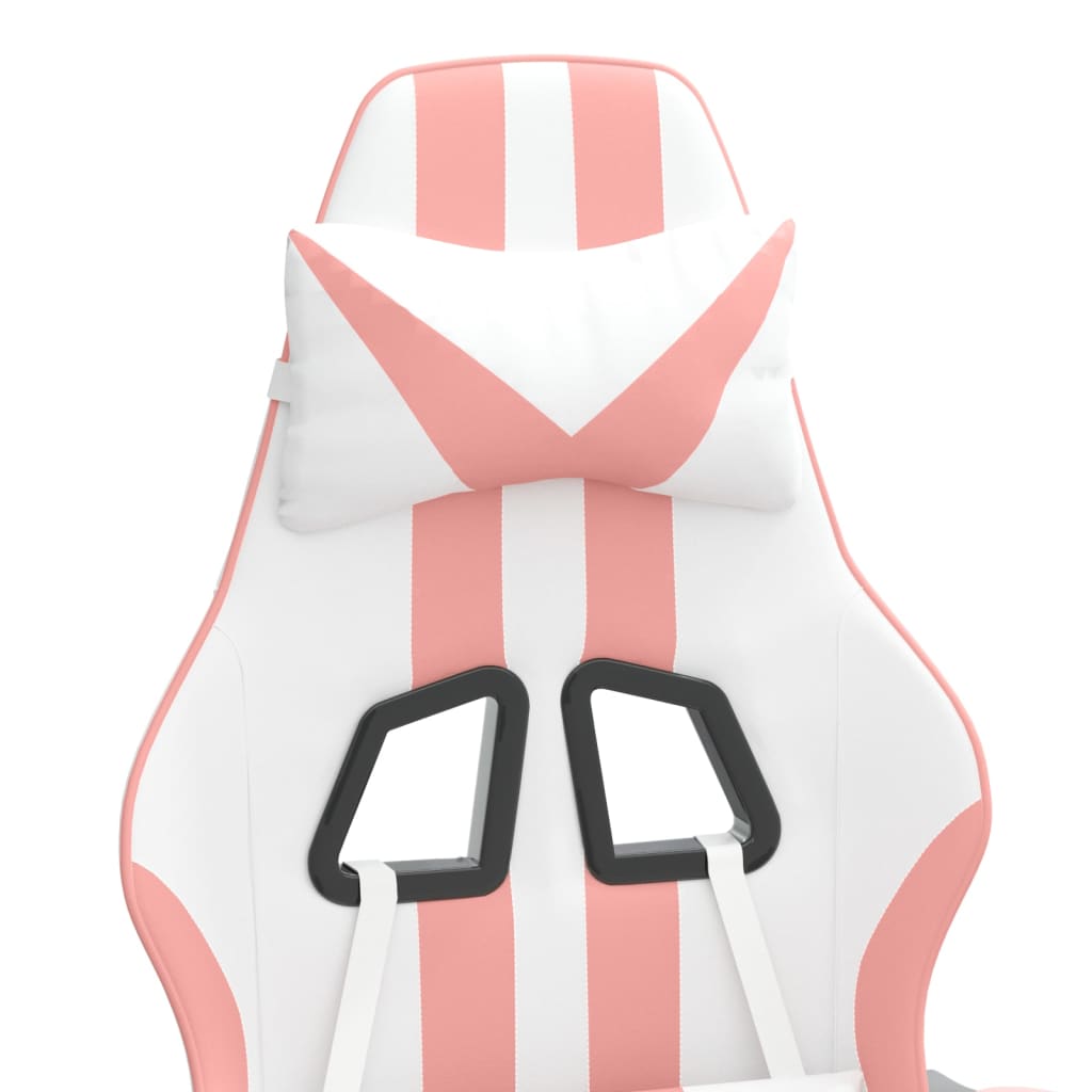 Swivel Gaming Chair with Footrest White&Pink Faux Leather