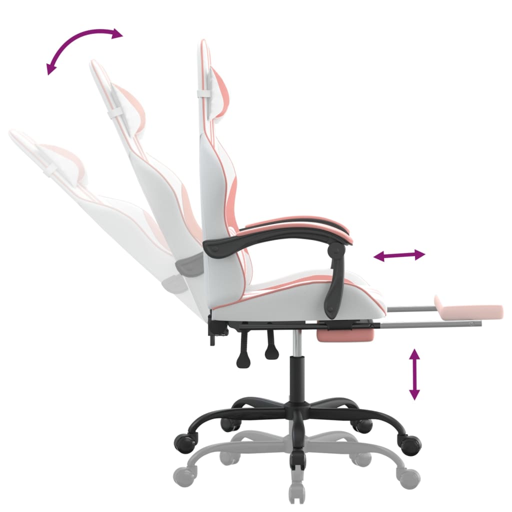 Swivel Gaming Chair with Footrest White&Pink Faux Leather