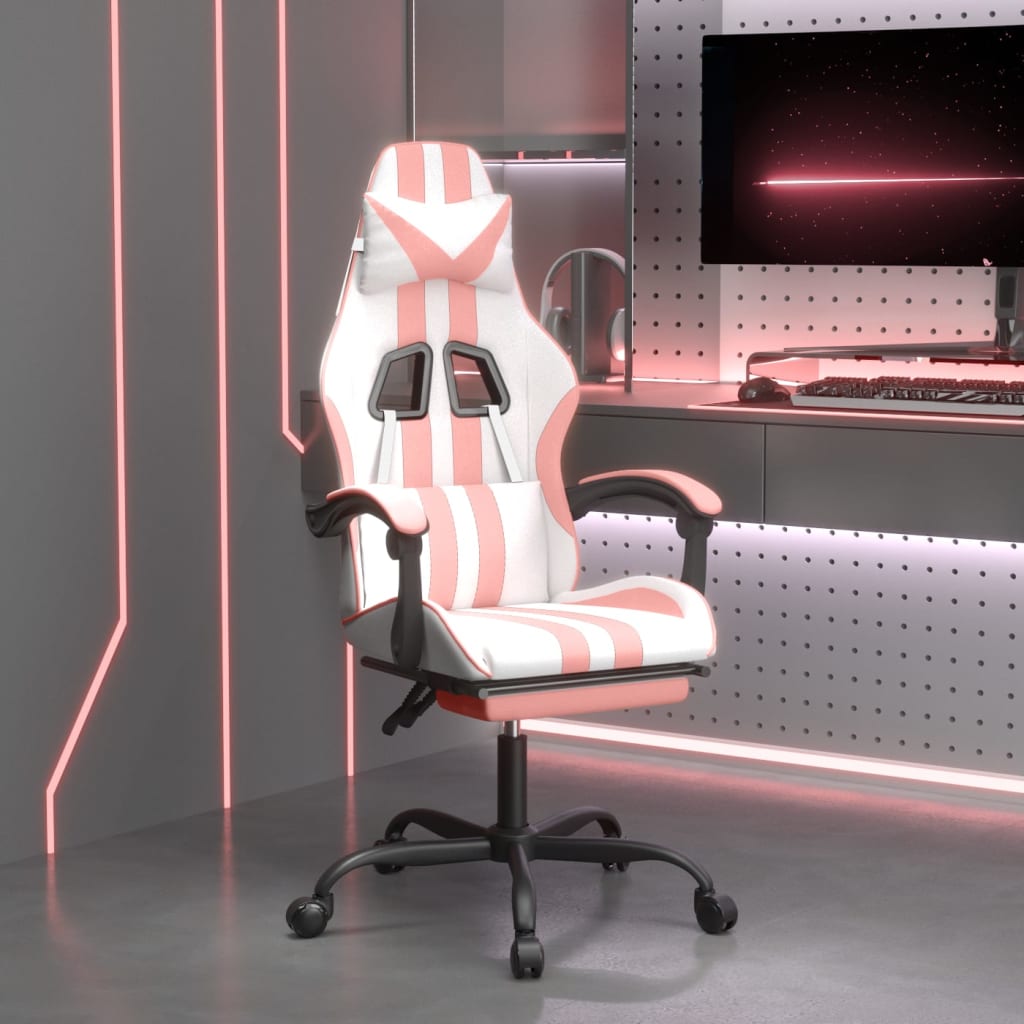Swivel Gaming Chair with Footrest White&Pink Faux Leather