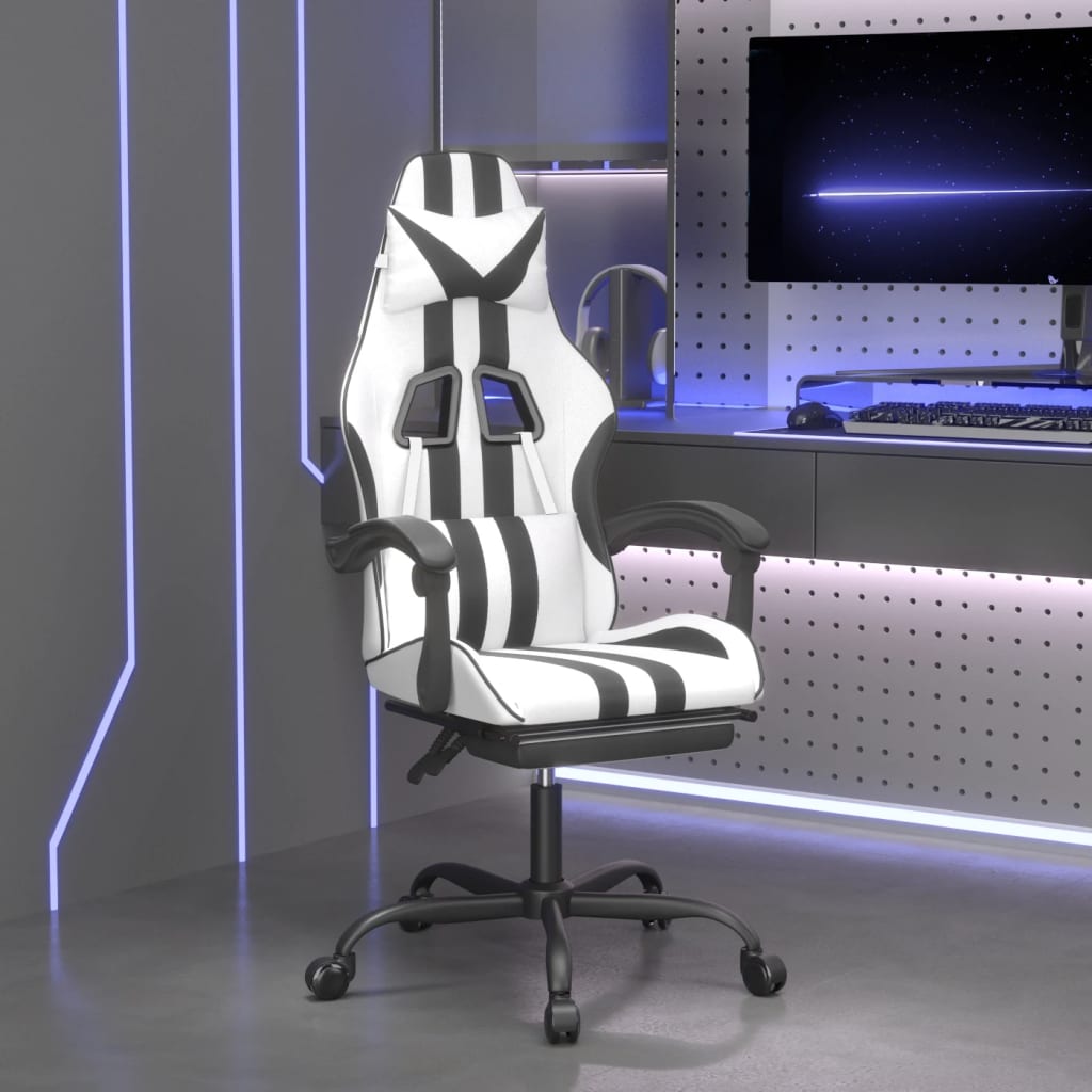 Swivel Gaming Chair with Footrest White&Black Faux Leather