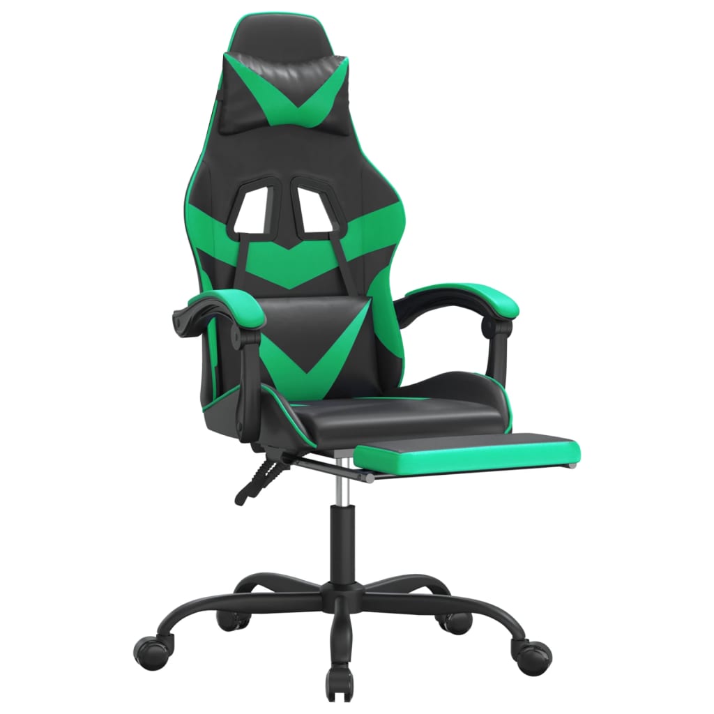 Swivel Gaming Chair with Footrest Black&Green Faux Leather