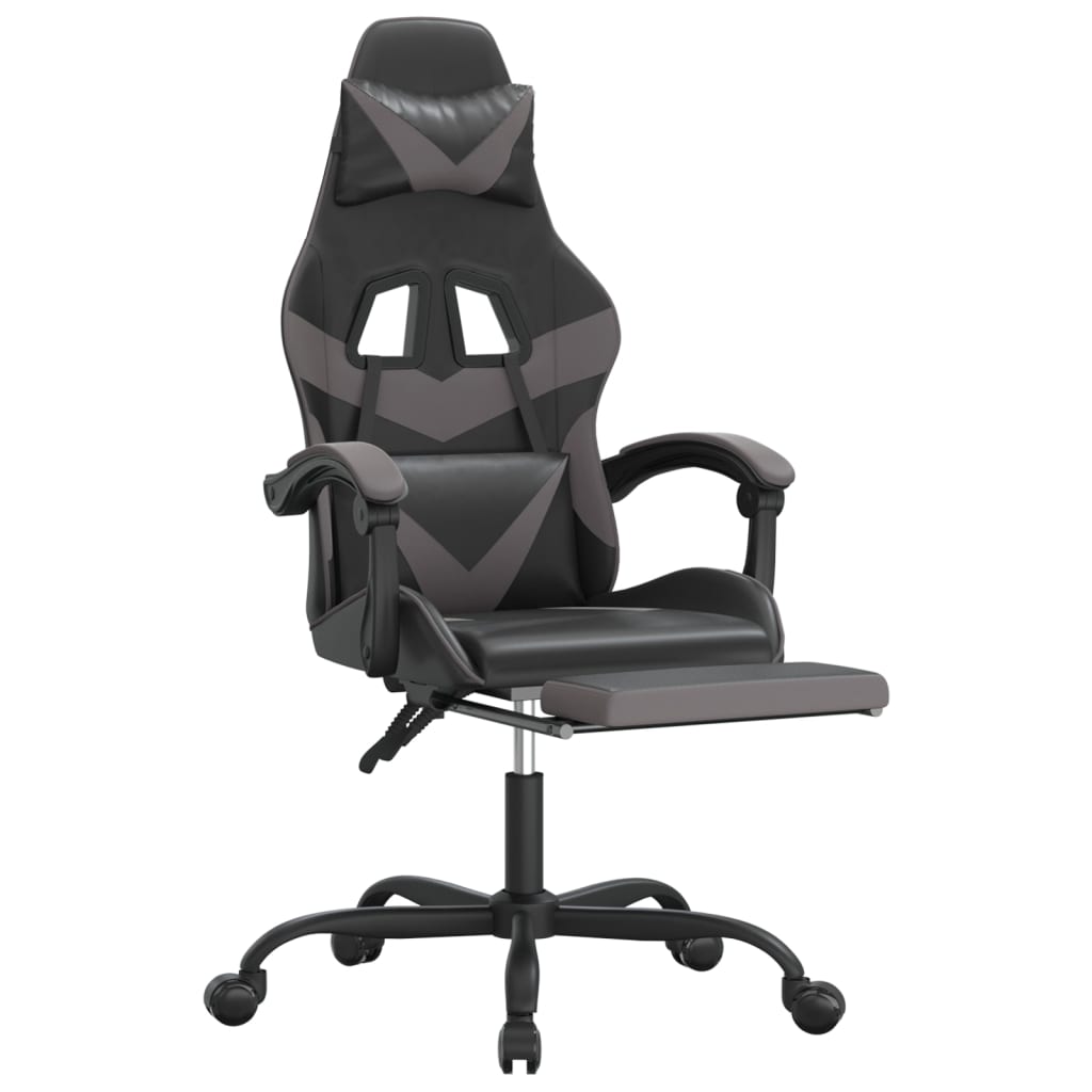 Swivel Gaming Chair with Footrest Black&Grey Faux Leather