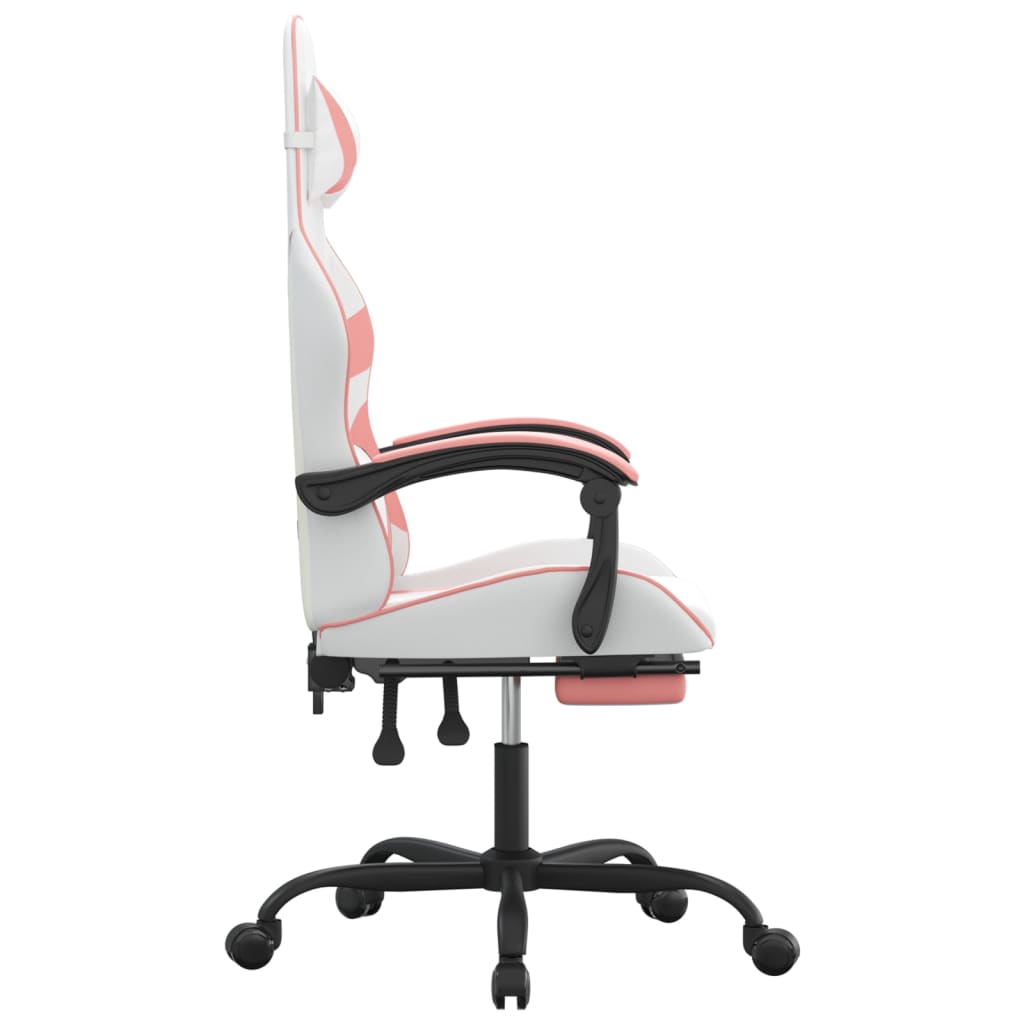 Swivel Gaming Chair with Footrest White&Pink Faux Leather