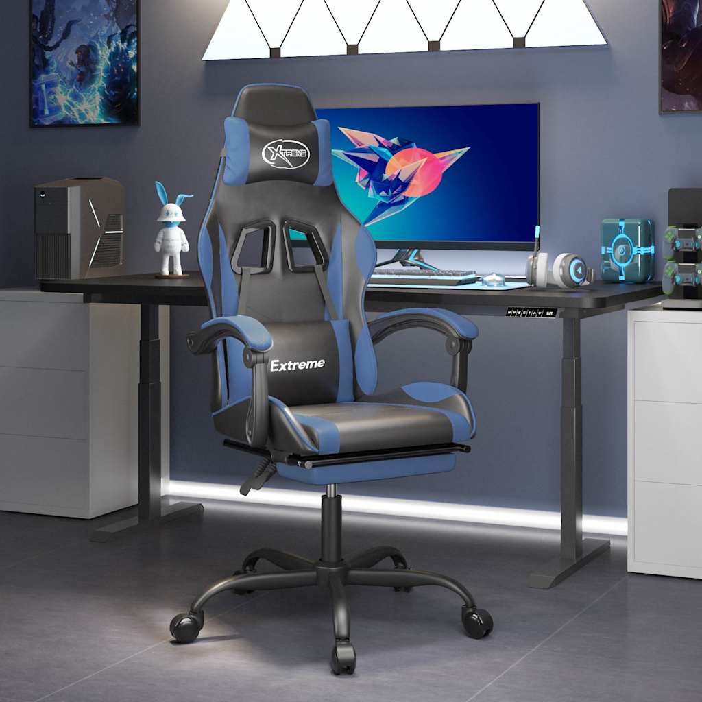 Swivel Gaming Chair with Footrest Black&Blue Faux Leather