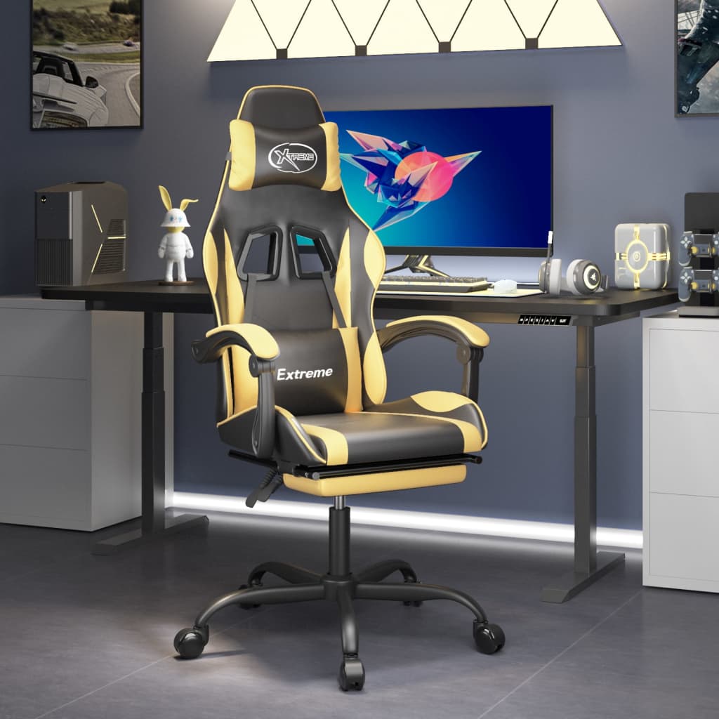 Swivel Gaming Chair with Footrest Black&Gold Faux Leather