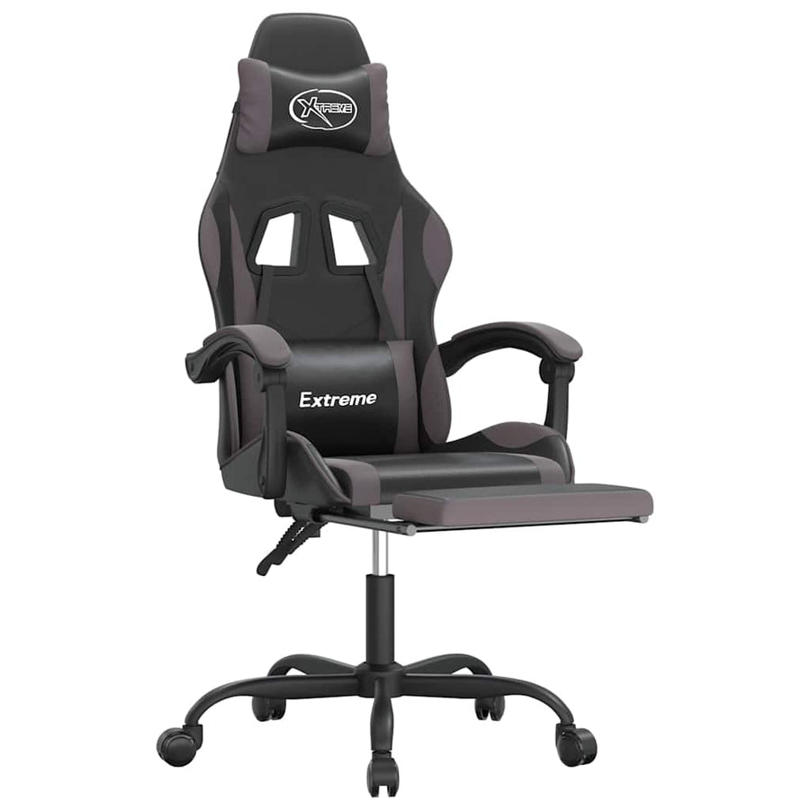 Swivel Gaming Chair with Footrest Black&Grey Faux Leather