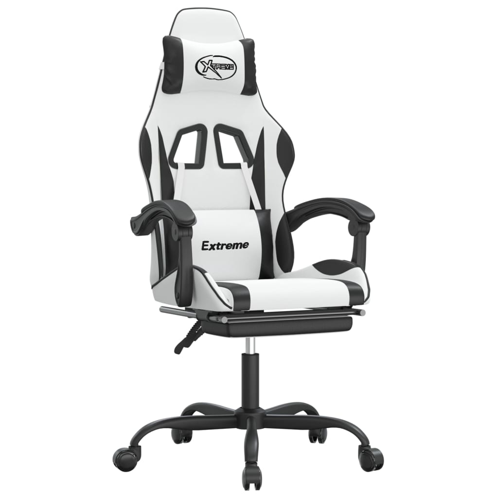 Swivel Gaming Chair with Footrest White&Black Faux Leather