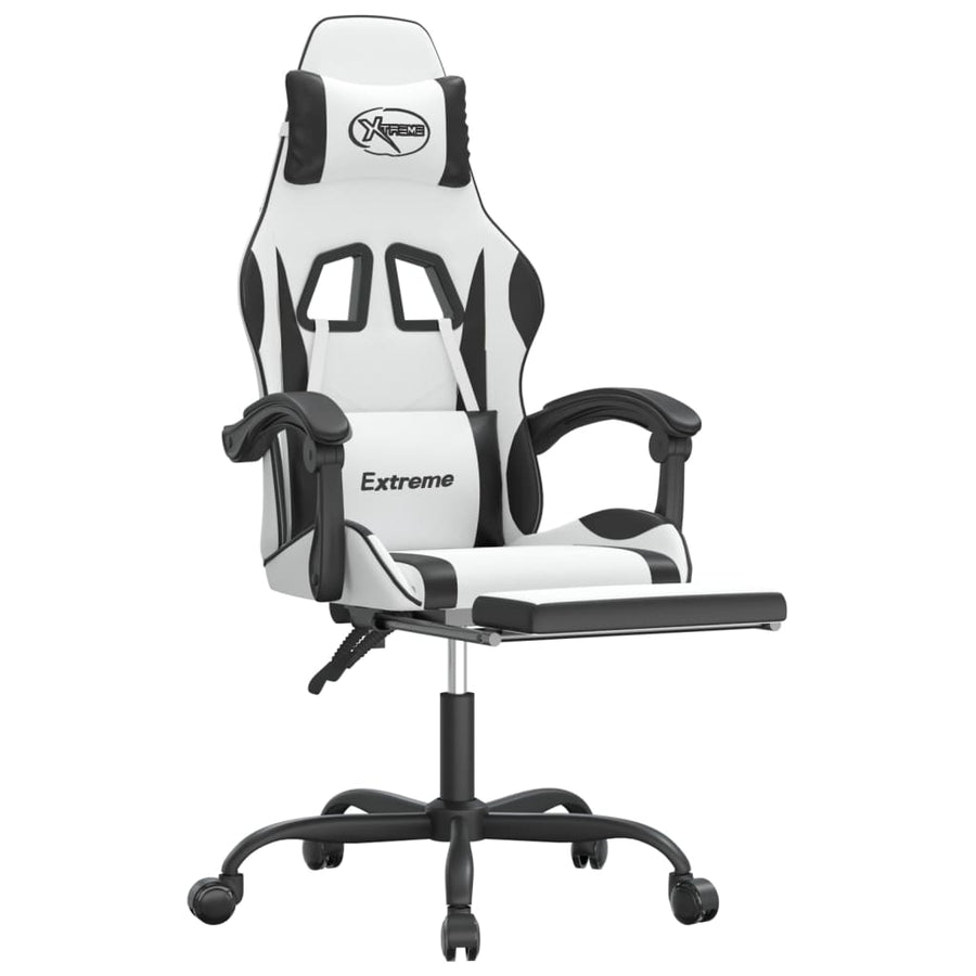 Swivel Gaming Chair with Footrest White&Black Faux Leather